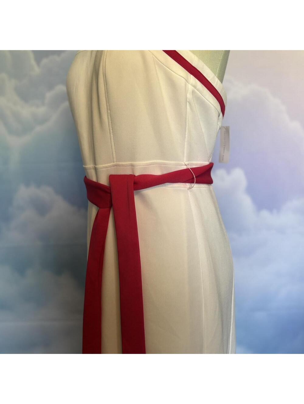Strapless White Dress with Pink Waist Tie and Hem Accent - Picture 5 of 8